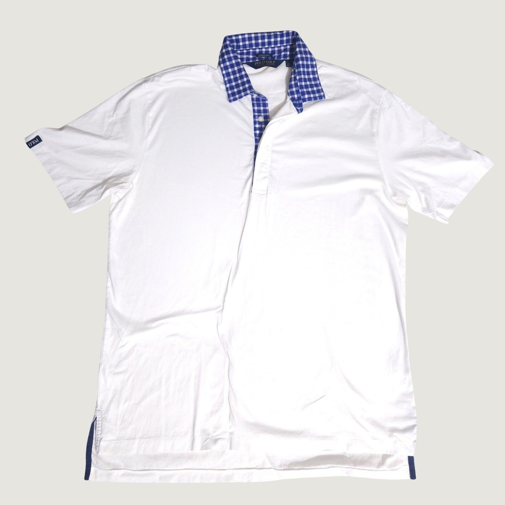 Polo Golf Ralph Lauren Mens Large White Gingham Collar Vintage Lisle Polo Shirt
